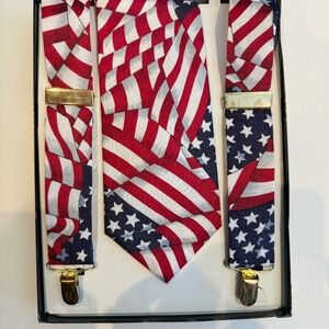 Cotton Suspenders with Matching tie in American Flag pattern.